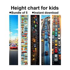 Height ruler with cars. A great gift for a child for any holiday.  The set includes 5 files with height rulers, after purchasing and downloading the files, you can contact the large document printing studio, where the height chart will be printed for you. Ruler size from 60 to 170 cm or 2 to 5.1 ft. Canvas size: 210 x 1189 mm or 8,26 x 46,81 inch. ----------------------------------------------------------- PLEASE NOTE: The size should not change. You can print the height chart on a larger size c Kids Height Chart, Measuring Height, Height Ruler, Preschool Math Worksheets, Document Printing, Height Chart, Kids Room Wall Decor, Charts For Kids, Growth Chart