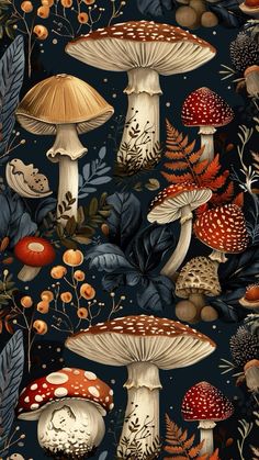 a painting of mushrooms and leaves on a black background