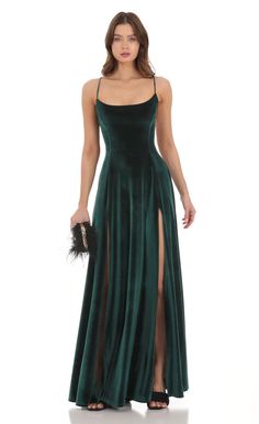 Velvet Double Slit Maxi Dress in Green Green Dress Formal, Dark Green Bridesmaid Dress, Forest Green Dresses, Green Wedding Dresses, Green Formal Dresses, Dark Green Dress, Velvet Bridesmaid Dresses, Emerald Green Dresses, Green Velvet Dress