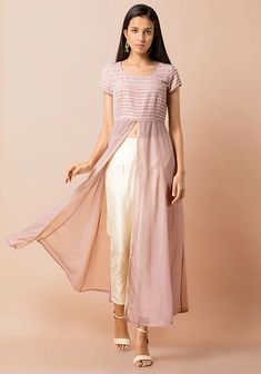 Buy Women Blush Mirror Yoke High Slit Tunic - Kurta & Tunics - Indya Layered Kurta, Colorful Festival, Holi Festival Of Colours, Pink Anarkali, Indian Bridesmaids, Angrakha Style, Tunics Online, Glam Outfit