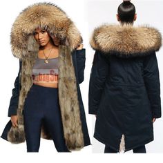 Store category Sign Up Now ! You may also like Women's Real Raccoon Fur Collar & Lined Coat Winter Long Parka Jacket Overcoat Product Description Item Description - Brand: 100% NEW and high quality - Fur: Real Racoon Large fur (About 22cm, Removable ) - Lined: Real Racoon fur (Removable)     - Coat fabric: 100% Cotton Color:Fur:Blue/Black/Purple/Army Green/Nature           Lined:Blue/Black/Purple/Army Green/Nature           Shell:Army Green/Black/Gray/Pink/Red/Sky Blue - Clothes placket: Zipper Purple Army, Coat Tails, Cute Winter Coats, Long Parka Jacket, Parka Jackets, Long Winter Jacket, Fur Jacket Women, Blue Clothes, Long Outerwear