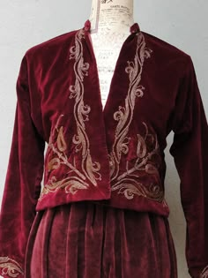 This is a gorgeous example of a beautiful embroidered gold gilt wedding shalwar and jacket set. early 20th Century from the Turkish Ottoman Empire. Beautiful deep red velvet embroidered with gold gilt. The precision workmanship of the hand embroidered gold gilt metallic thread is exquisite traditional Ottoman Empire craftsmanship. This unique and rare garment is in great state considering its age. There are some stains that did not go away with dry cleaning, but it is clean and has no smell, tea Embroidered Ottoman, Deep Red Velvet, Ancient Dress, Traditional Ottoman, Turkish Ottoman, Red Vest, Lesson 1, Punk Vintage, Womens Costumes