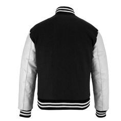 Varsity Letterman Baseball BLACK Wool and White Genuine Leather Sleeves Jacket If your required Size & Color Combination is not listed then please contact with us We will respond you as soon as possible the estimated time is 12 Hours, All Sizes & Color Combinations are Available. The quality of the varsity jacket is the finest in the field. 100% high quality Wool. A fine quilt lining with Wool trimmed inside pocket are all part of the complete package. Each varsity jacket design is faithfully cu Classic Leather Jacket For Winter College Wear, Classic Winter Leather Jacket For College, Black Varsity Leather Outerwear, Fitted Black Leather Varsity Jacket, Urban Black Leather Jacket For College, Classic Black Varsity Jacket With Padded Collar, Black Varsity Leather Jacket For Winter, Classic Varsity Jacket For Streetwear, Classic Black Leather Varsity Jacket