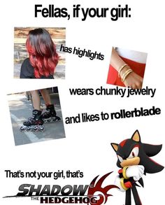 an advertisement for shadow the hedgehog with pictures of their hair and shoes on it