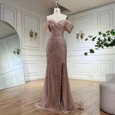 Ships in 1 to 3 Days - 2024 Off-The-Shoulder Pink Mermaid Beaded Luxury Evening Gown with Side Split for Formal Saudi Occasions Pink Luxury, Dress With Split, Pink Mermaid, Mermaid Silhouette, Formal Party, Feminine Look, Shoulder Design, Side Split, Evening Gown