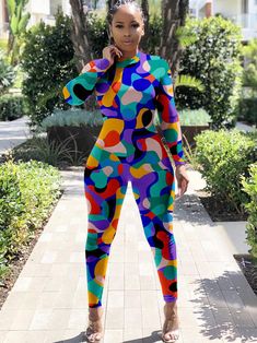 Material: Milk Silk. 90-95% polyester & spandex.Feature: Geometric. colorful. long sleeve. mock neck. color block. bodycon. jumpsuit.Style: Casual Bodycon Jumpsuit, Secret Sale, Milk Silk, Polyester Spandex, Mock Neck, Color Block, Two Piece Pant Set, Jumpsuit, Long Sleeve