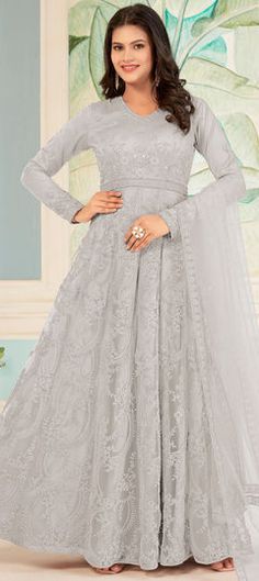 Black and Grey color Salwar Kameez in Net fabric with Embroidered, Sequence, Thread work Purple Anarkali, Lehenga Anarkali, Net Gowns, Gown With Dupatta, Anarkali Lehenga, Designer Anarkali Suits, Gown Suit, Abaya Style, Net Lehenga