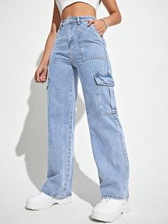 Front Button Multi-Pocket Denim Jeans, Casual Everyday Wear Light Wash Casual   Denim Plain Wide Leg Non-Stretch  Women Clothing, size features are:Bust: ,Length: ,Sleeve Length: Skater Jeans, Moda Jeans, Jeans Cargo, Blouse Sleeveless, Cargo Jeans, Baggy Jeans, Hoodie Dress, Casual Jeans, High Jeans