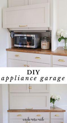 how to hide a microwave with a kitchen appliance garage diy Microwave Garage Cabinet, Kitchen Counter Appliance Garage, Kitchen Appliance Cabinet Ideas, Kitchen Appliance Hideaway, Microwave Appliance Garage, Cabinets With Microwave Built In, Diy Kitchen Garage Cabinet, Appliance Hiding Cabinets, Cabinets To Hide Appliances