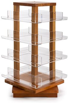 a wooden stand with several clear shelves on it