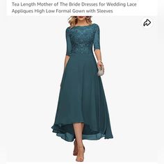 Teal Size 18 New! Never Worn! Size Didn't Work Out For My Mother-In-Law Tea Length Formal Dresses, High Low Party Dresses, Modest Formal Dresses, Bride Dress Lace, Evening Gowns With Sleeves, Sleeved Wedding, Formal Dresses With Sleeves, European Dress, Evening Party Gowns