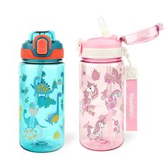 two children's water bottles, one with an insulated lid and the other with a straw in it