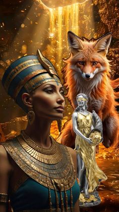 an egyptian woman and a fox are standing next to each other