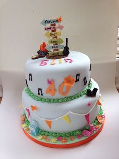 a three tiered birthday cake decorated with music notes and musical instruments on the top