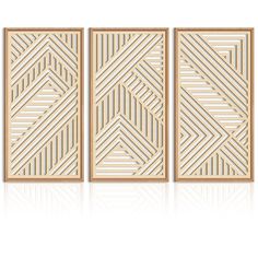 three wooden panels with geometric designs on each panel, one in white and the other in beige