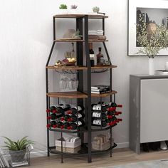 a wine rack in the corner of a room