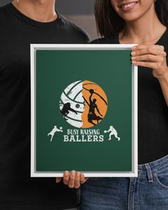 a man and woman holding up a poster with the words'first rising ballers '