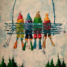 an oil painting of skis hanging from a pole with trees in the background and snow on the ground