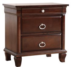 a brown wooden nightstand with two drawers