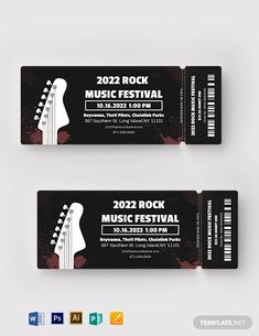 two concert ticket templates with guitars on them