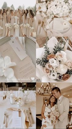 a collage of wedding photos with flowers and napkins