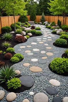 a garden with rocks and plants in the center, along with a wooden fence behind it