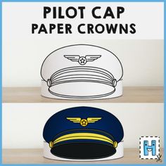 two hats with the words pilot cap and paper crowns written below one on each side