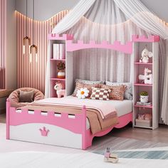 a pink and white bedroom with a princess canopy bed in the corner, shelving unit for toys