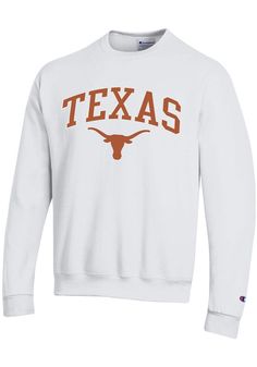 Head out in style with our Texas Longhorns White Powerblend Crew Sweatshirt! This Longhorns Long Sleeve Sweatshirt features a team name arched over team logo embroidered on front chest. You'll be warm, comfortable and stylish as you head to class, the game or just out on the town in this Texas Crew Sweatshirt. Twill appliqued team wordmark on chest, Super soft fleece sweatshirt, Rib knit at neck, cuffs and waistband, Double needle reinforced seams, 8.5 oz Brushed Back Fleece Sweatshirt, The Cham White Tops With Team Logo For Winter, White Winter Tops With Team Logo, Cotton Tops With Ribbed Cuffs For Fan Merchandise, University Logo Long Sleeve Tops For Sports Season, Long Sleeve University Logo Tops For Sports Season, Long Sleeve Tops With University Logo For Sports Season, Sports University Logo Cotton Sweatshirt, University Logo Cotton Sweatshirt For Fan Gear, University Logo Cotton Sweatshirt For Fans