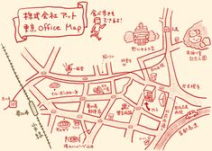 a map that is drawn in red ink on white paper with chinese characters and words