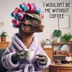 a dinosaur dressed as a person holding a coffee cup