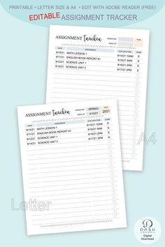 two printable assignment trackers with the text, edittablee and assignment tracker