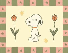 a drawing of a dog sitting in front of flowers on a pink and green striped background