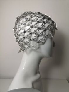 Flapper Style Cloche Hat Crochet Celestial Tulle Cap Great - Etsy Silver Tall Crown Headpiece For Party, Silver High Crown Headpiece For Party, Handmade Silver Headpieces For Party, Silver Evening Hat Headpiece, Silver Structured Crown Headpieces For Party, Silver Headpiece With Structured Crown For Party, Silver Costume Hat With Round Crown For Parties, Silver Hat Headpiece For Party, Silver Evening Costume Hat