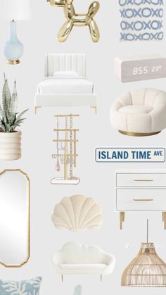 an assortment of white and gold furniture with the words island time on it's side