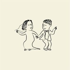 a drawing of two people dancing with one holding the other's hand and another pointing at him