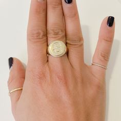 This round shaped signet style ring is composed of 14K solid gold & finished with a pavé diamond initial letter. The gemstones used in this design are of genuine GVs1 quality natural real diamonds. Ring Dimensions: Raised Round Surface: approximately 14mm (diameter) Signet Surface Height from Inner Band Thickness: approximately 4mm Inner Band Ring Thickness: approximately 4.5mm Metal Finish: High Shine Polish This design is available in Rose, White and Yellow 14K Gold This item is proudly ma Classic Diamond Initial Ring With Monogram, Classic Diamond Monogram Initial Ring, Personalized 14k White Gold Initial Ring, Personalized Oval Diamond Initial Ring, Personalized Yellow Gold Signet Ring For Everyday, Personalized Rose Gold Signet Ring For Everyday, Luxury Personalized Initial Ring, Luxury Rose Gold Initial Ring, 14k Gold Monogram Initial Ring Fine Jewelry