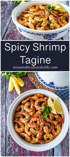 Spicy Shrimp Tagine in a white and blue tagine.