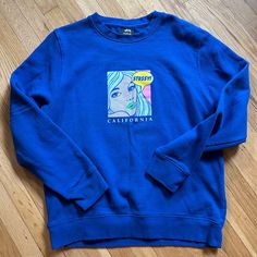 Bright Blue Pop Art Stussy Crewneck Sweatshirt, Never Worn! Blue Screen Print Sweatshirt For Streetwear, Blue Cotton Sweater With Graphic Print, Trendy Blue Graphic Print Sweatshirt, Trendy Blue Sweatshirt With Graphic Print, Blue Long Sleeve Sweatshirt With Graphic Print, Blue Graphic Print Sweater For Streetwear, Casual Blue Sweater With Graphic Print, Blue Trendy Relaxed Fit Sweatshirt, Blue Casual Sweatshirt With Screen Print