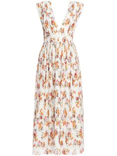 white/multicolour crepe texture floral print A-line plissé effect V-neck concealed rear zip fastening rear tie fastening ankle-length straight hem Ankle Length Dress, Wedding Guest Looks, Yoko London, City Dress, Summer Beach Wear, Crepe Fabric, Ankle Length, Denim Dress, Day Dresses