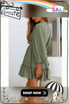 Army Green Ruffle Detail Smocked Long Sleeve Dress Mini Dresses, Women Dresses, Army Green, Sleeve Dress, Smocking, Dresses Mini, Dresses With Sleeves, Long Sleeve Dress, Mini Dress