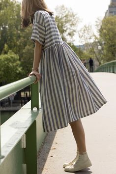 Loose Linen Dress Stripe Summer Midi Dress Oversized Washed - Etsy France Linen House Dress, Striped Dress Pattern, Stripe Dress, Striped Linen Dress, Victorian Blouse, Simple Summer Dresses, Pink Dress Casual, Stripped Dress, Oversized Dress