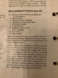 a recipe for hot german potato salad is shown in the kitchen manual, with instructions on how to make it