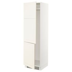 a tall white cabinet with two doors and drawers