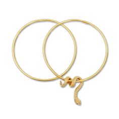 two pairs of gold hoop earrings with snake design on each end and one earring in the middle