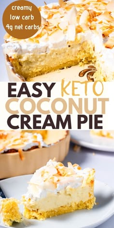 an easy keto coconut cream pie on a white plate