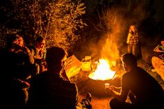 people sitting around a campfire at night