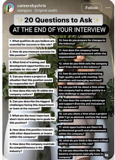 a poster with the words 20 questions to ask at the end of your interview