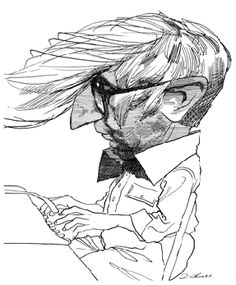 a black and white drawing of a person using a computer