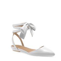 Vow to wow in the White Satin Bow D'Orsay. Featuring a sleek triangle toe, lace-up straps, and a feminine satin bow, this romantic wedding shoe is perfect for the chic-meets-sweet bride. Material: Synthetic upper/synthetic lining and sole with synthetic heelThis set includes everything you need to convert from heel to flat: The D'Orsay flats Flat Caps Stelo arch supports Flat Caps, Cap Collection, Bow Flats, Flat Cap, Satin Bow, White Satin, Boots For Sale, The Chic, Romantic Wedding